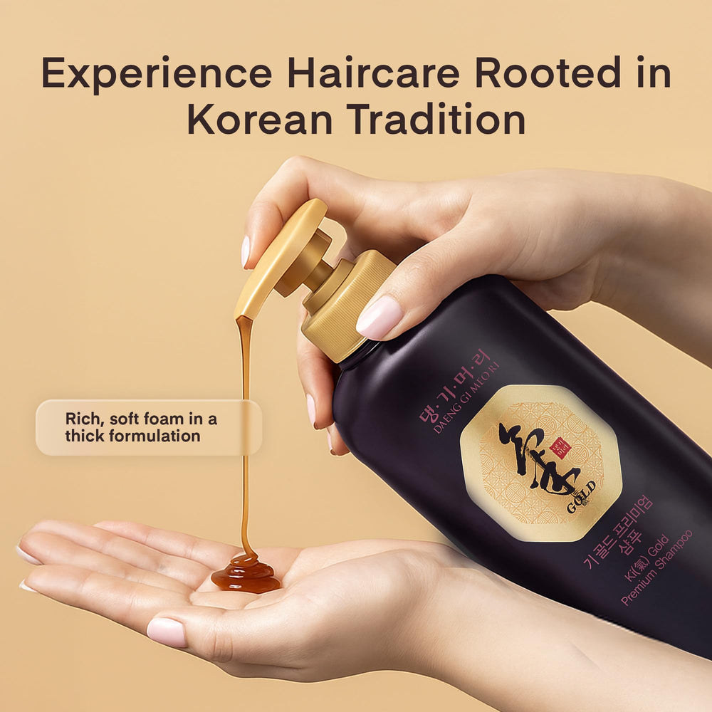 Daeng Gi Meo Ri Ki Gold Premium Shampoo, fragancia herbal fresca para experiencia sensorial.