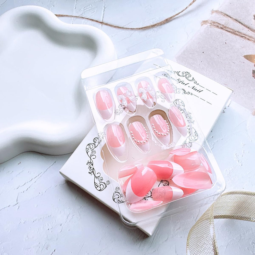 DAJIJIYOU uñas almendra corta con perlas, diseño delicado.