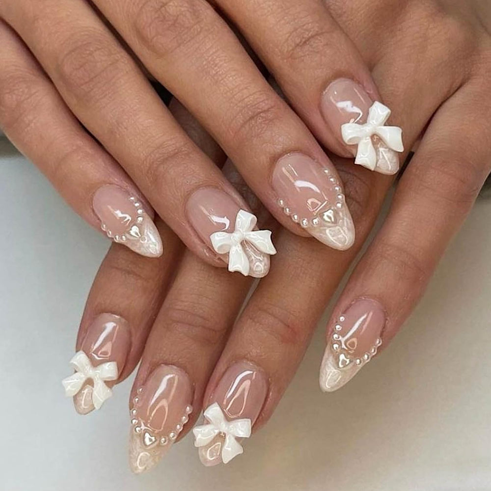 DAJIJIYOU uña falsa con lazo y perla, diseño elegante para ocasiones especiales