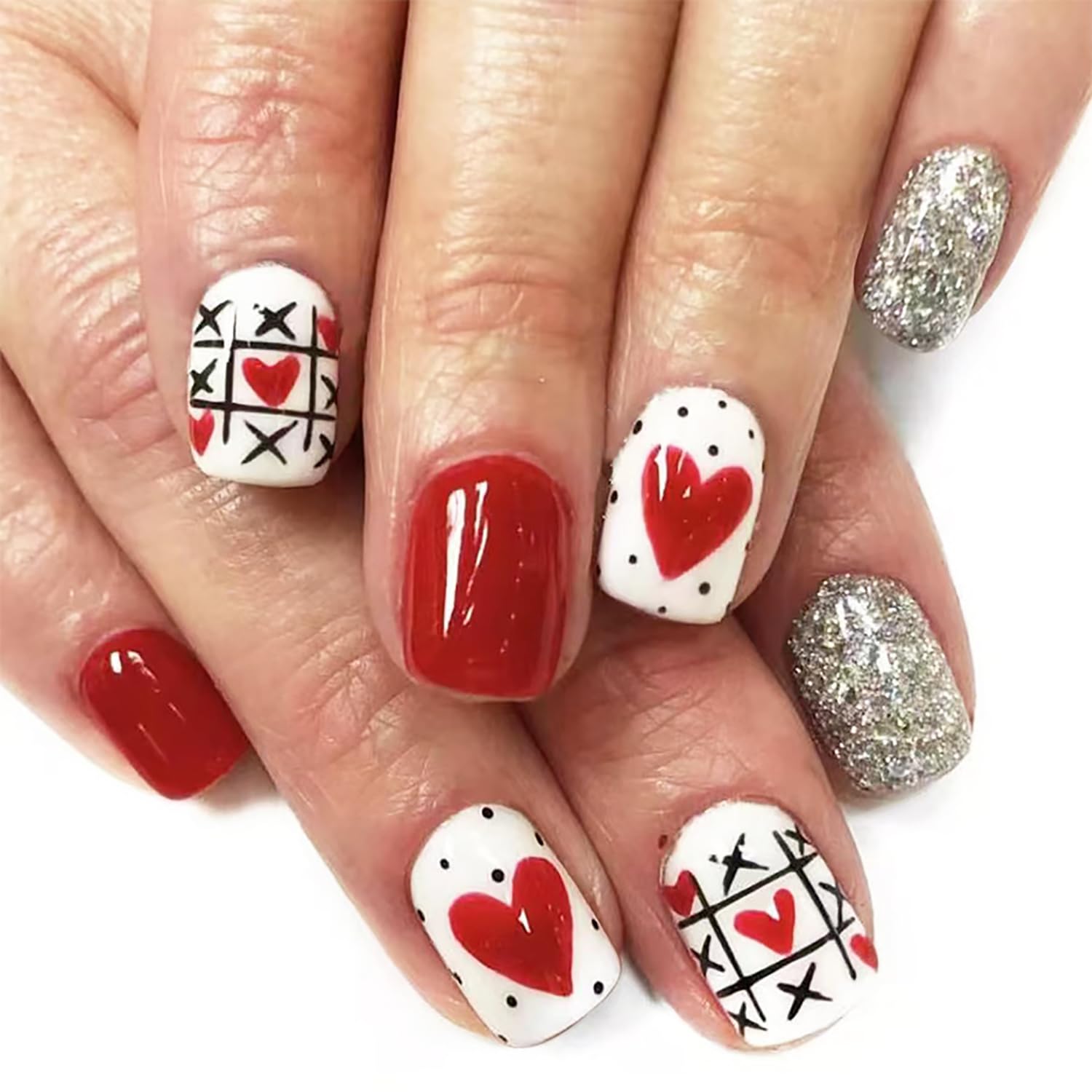 DAJIJIYOU uñas postizas con corazones rojos, estilo cuadrado corto para eventos