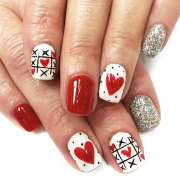 DAJIJIYOU uñas postizas con corazones rojos, estilo cuadrado corto para eventos