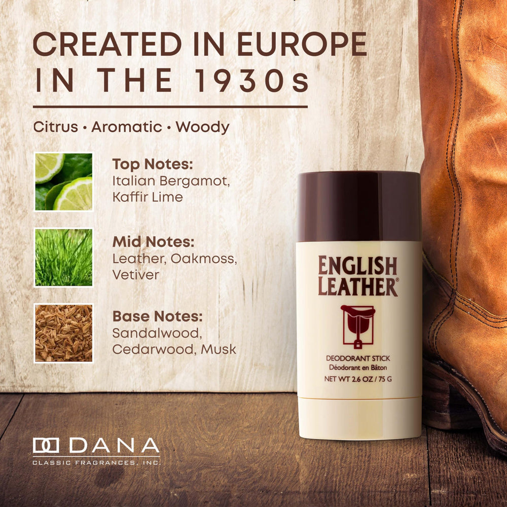 Desodorante Dana English Leather barra, ideal para bolso diario.