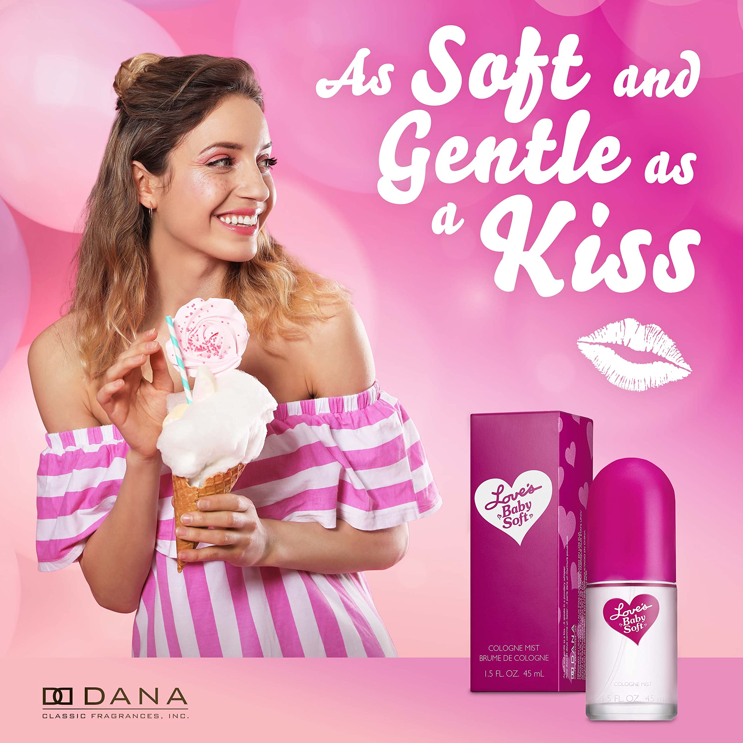 Notas polvorosas y florales de Dana Love's Baby Soft para presencia suave.