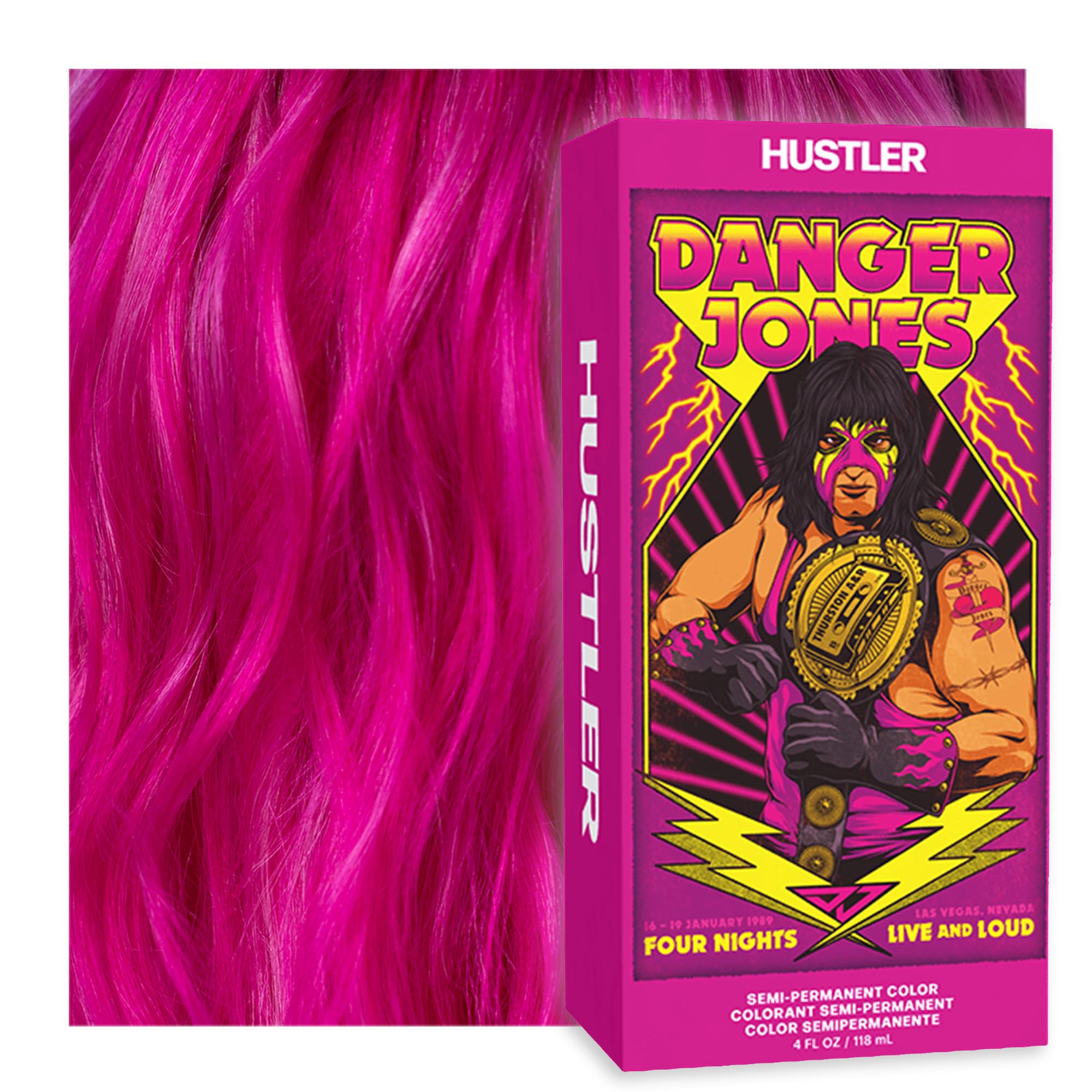 Danger Jones color semipermanente Hustler Rosa, empaque visible para tono vibrante y duradero.