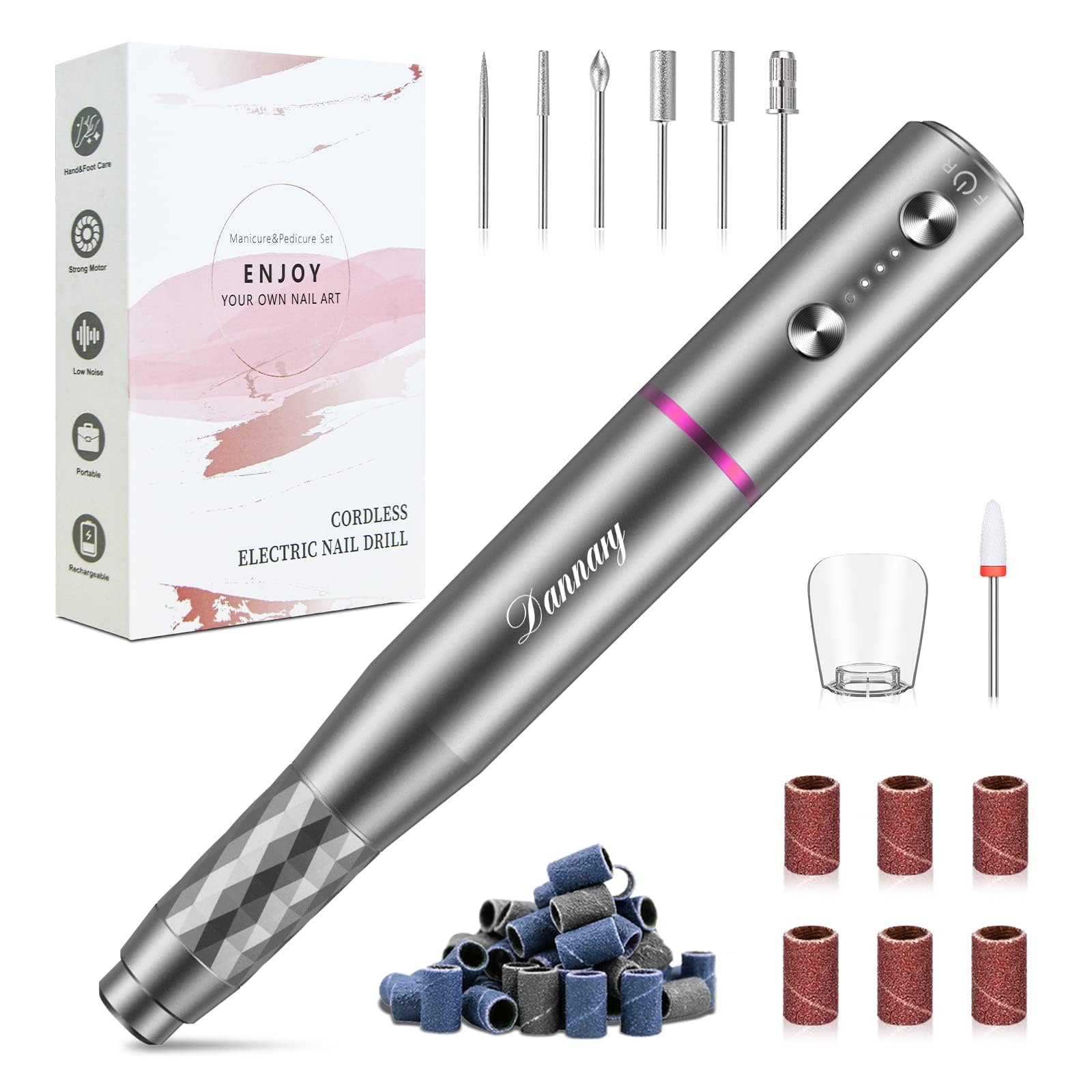 Lijadora eléctrica DANNARY en la mano para manicura precisa y sin cables.
