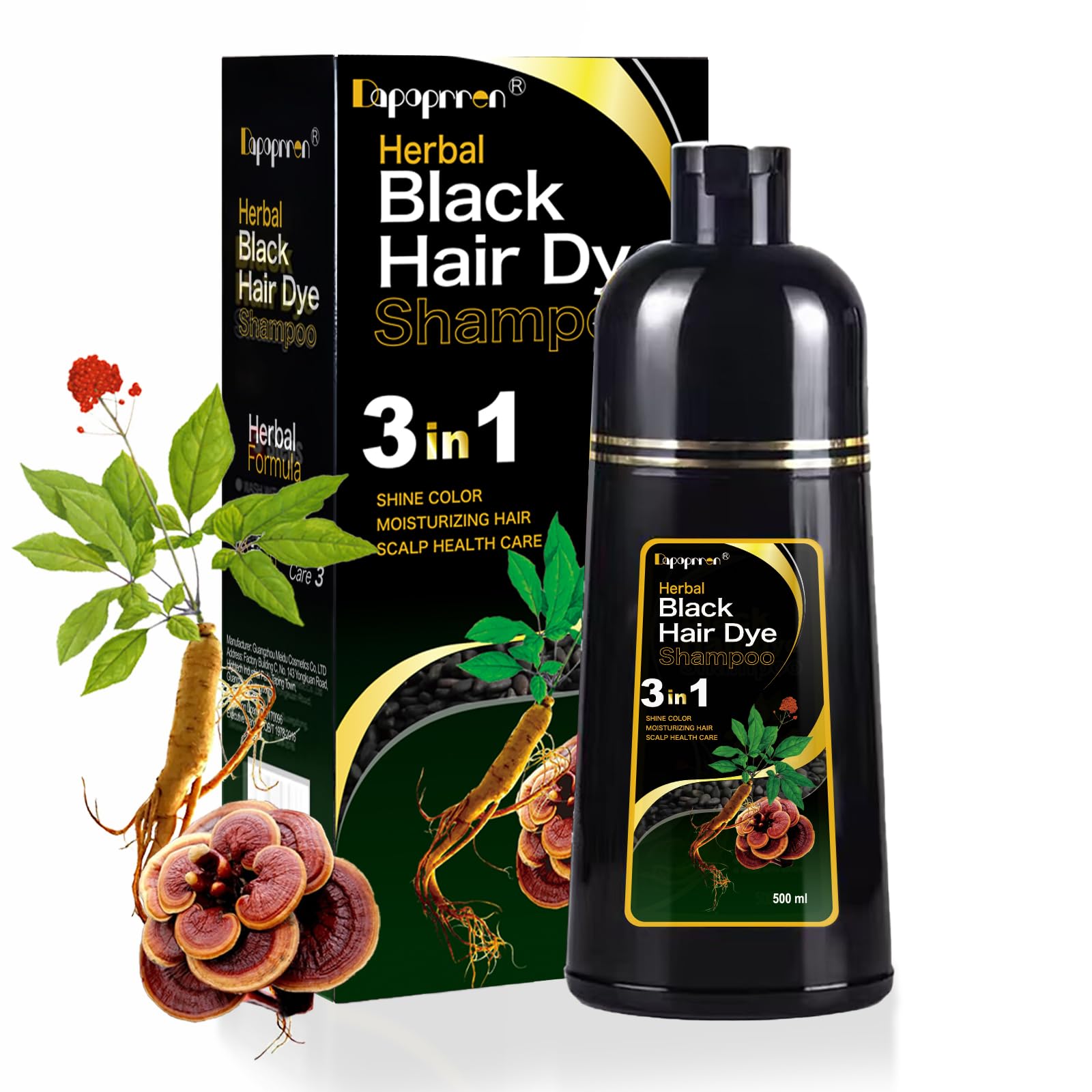 Dapoprren Shampoo Pintura Pelo Negro 3 en 1 para cobertura de canas