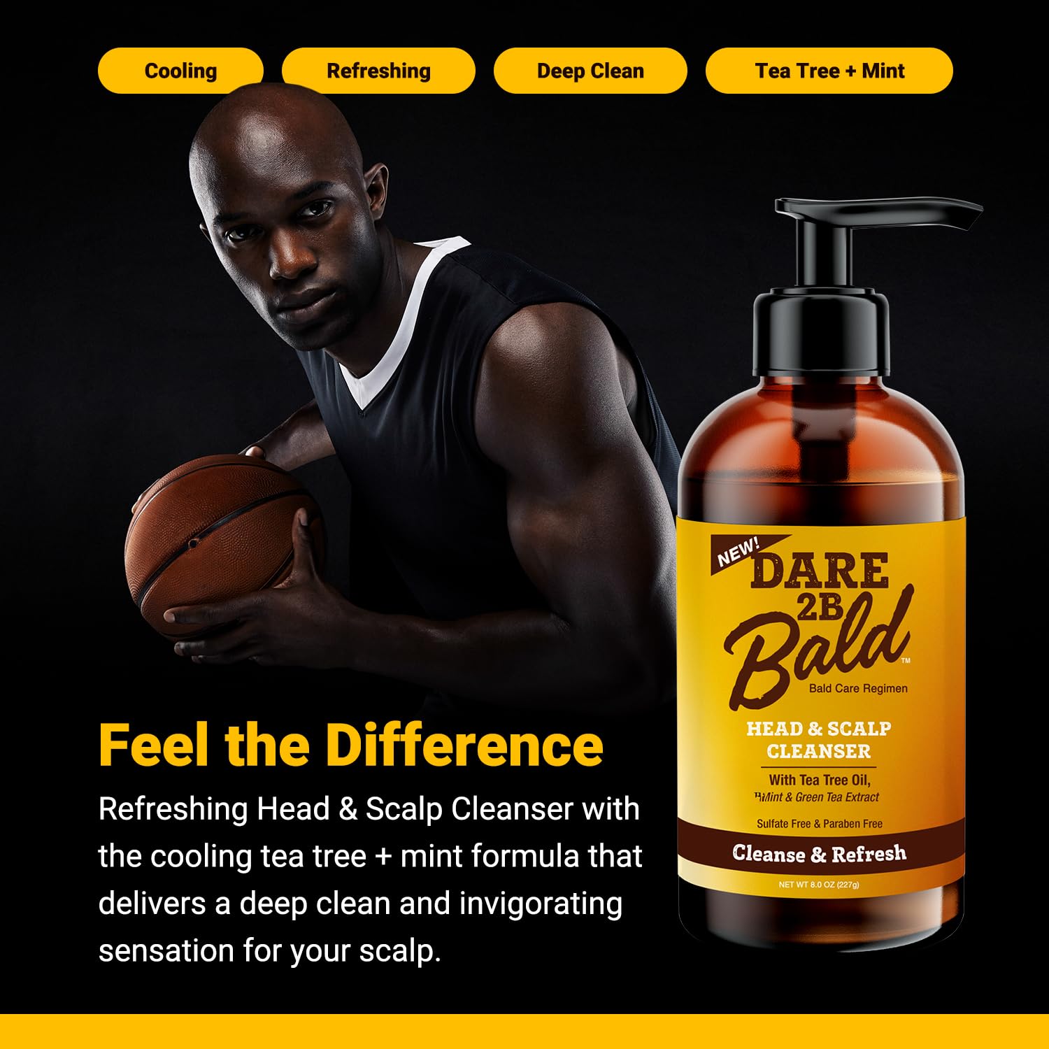 DARE TO BE BALD etiqueta clara, muestra ingredientes y beneficios calmantes