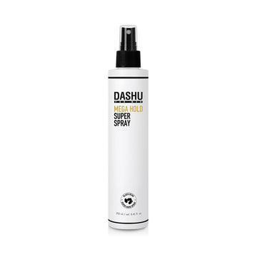 DASHU Mega Hold Spray muestra aplicación con niebla fina para fijación precisa.
