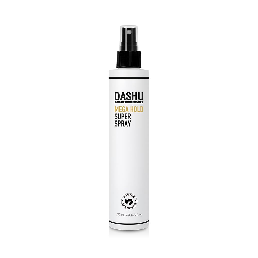 DASHU Mega Hold Spray muestra aplicación con niebla fina para fijación precisa.