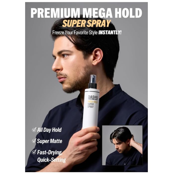 DASHU Mega Hold Spray ofrece fijación ultrafuerte para peinados que duran todo el día.