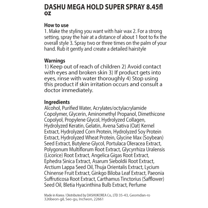 DASHU Mega Hold Spray ideal para uso diario y peinados con fijación duradera.