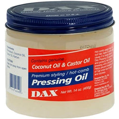 DAX Pressing Oil for Hair bottle shows unscented formula for shine and frizz control.
