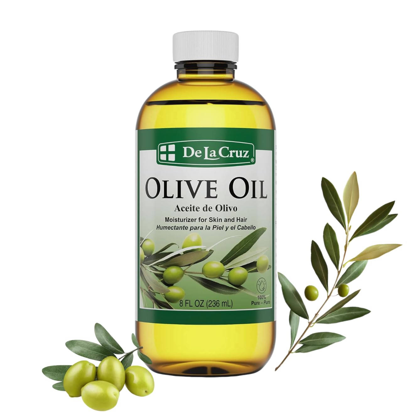 De La Cruz Aceite de Oliva Puro para cabello, hidratación suave y puntas sanas.