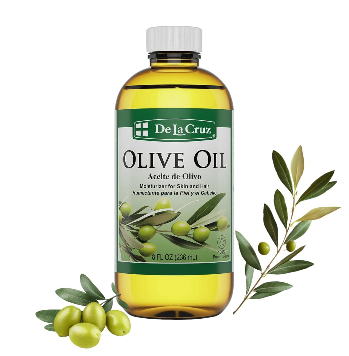 De La Cruz Aceite de Oliva Puro para cabello, hidratación suave y puntas sanas.