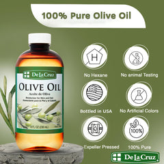 De La Cruz Aceite de Oliva Puro para piel, hidratación duradera sin grasa.