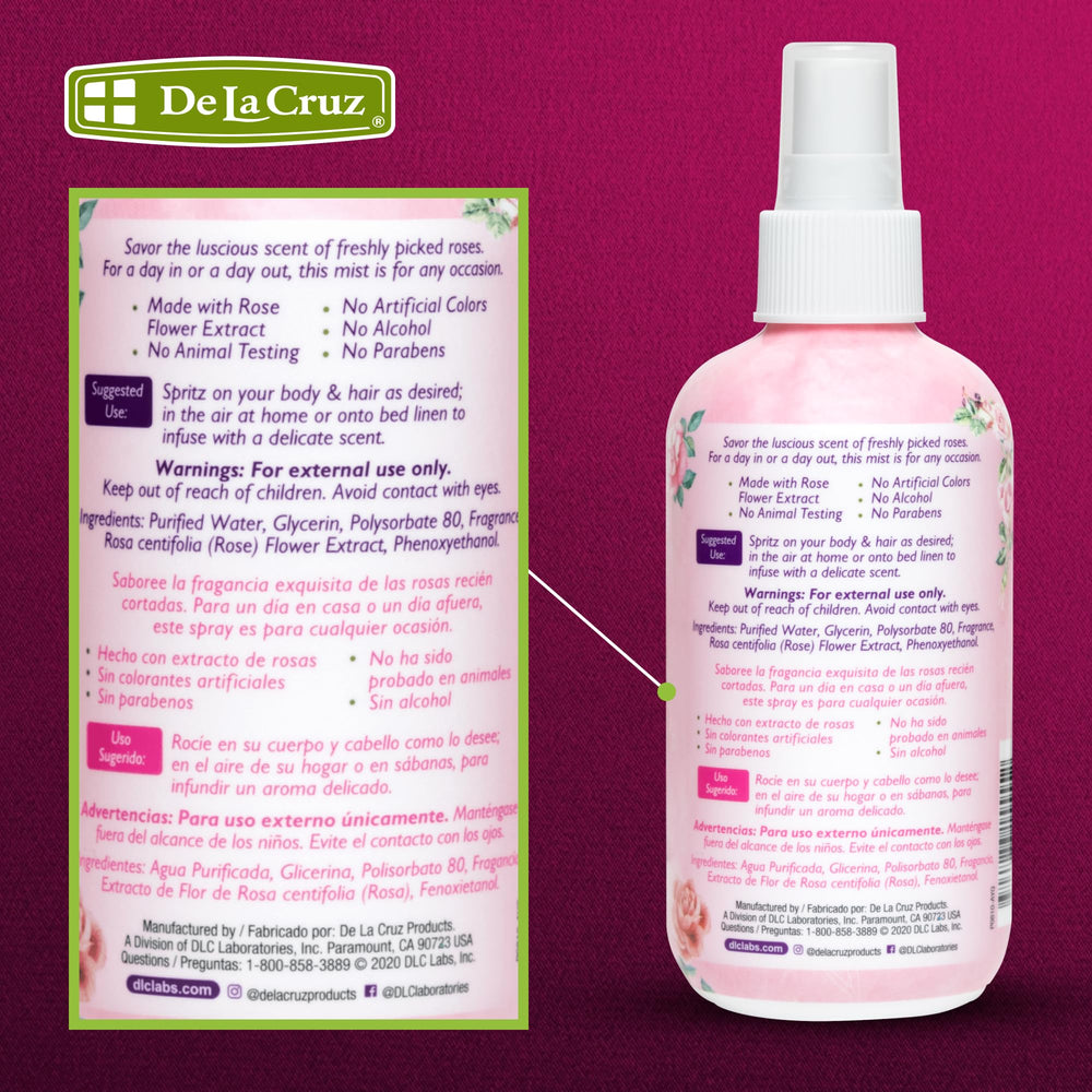 De La Cruz Agua de Rosas Pura Mist, bruma sin alcohol para piel sensible.