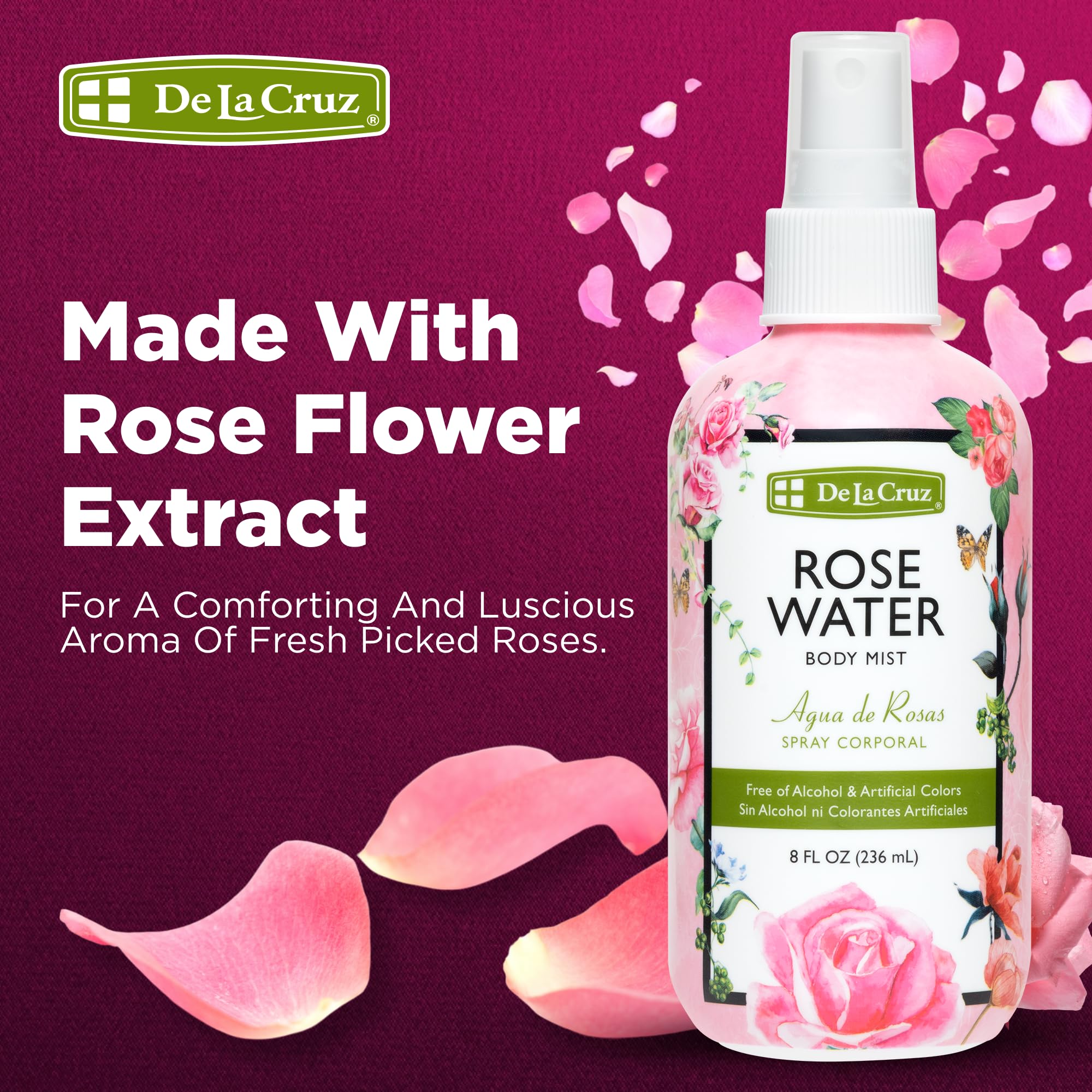 De La Cruz Agua de Rosas Pura Mist, aplicación en cabello con aroma ligero.