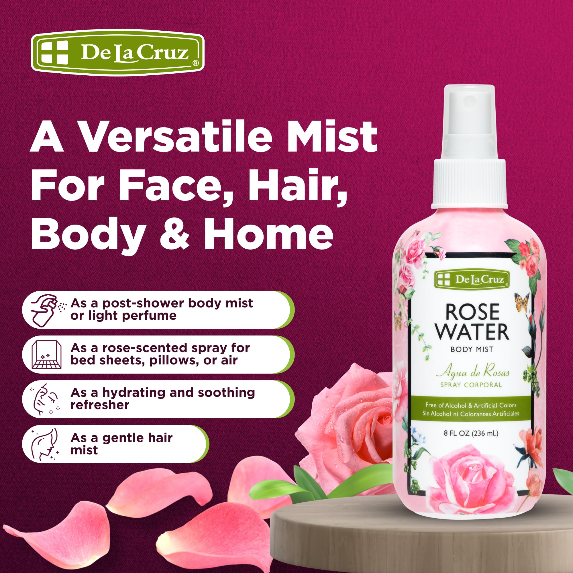 De La Cruz Agua de Rosas Pura Mist, rociado facial para refrescar la piel.