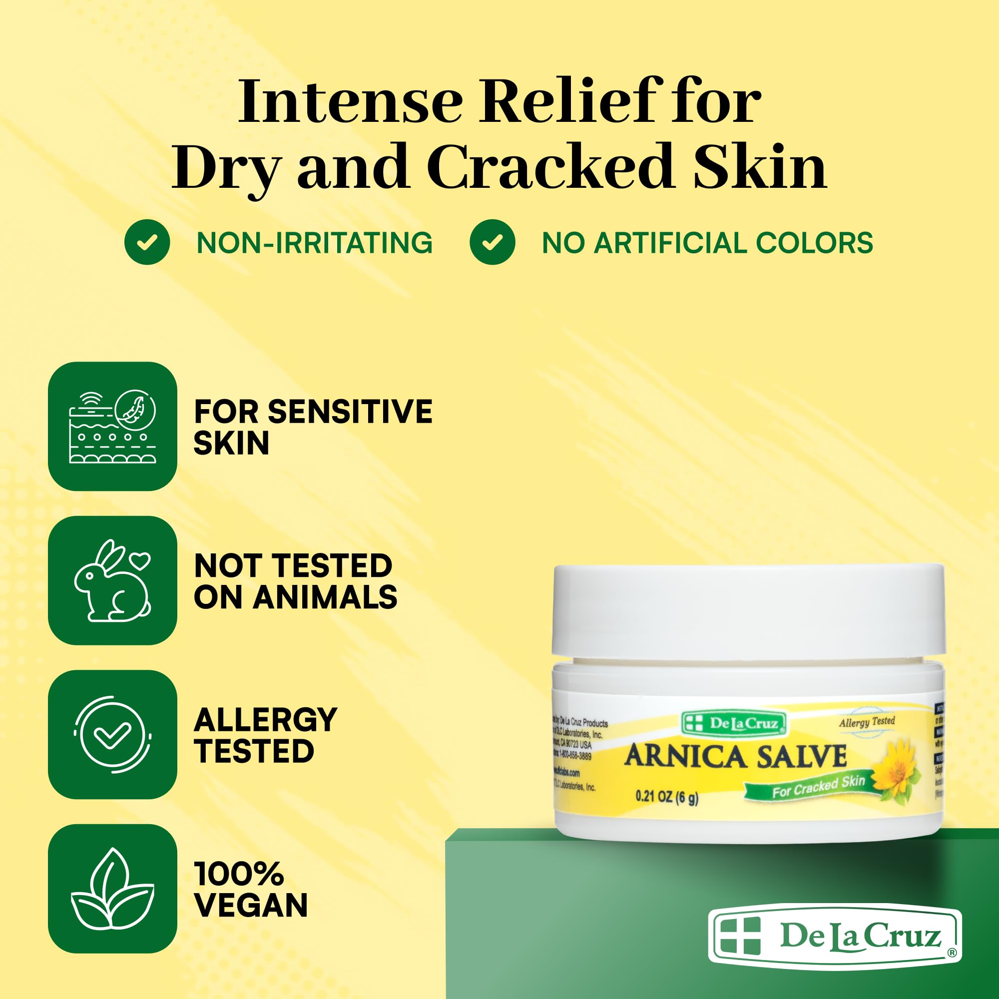 De La Cruz Arnica Salve, textura cremosa para manos secas y piel áspera.