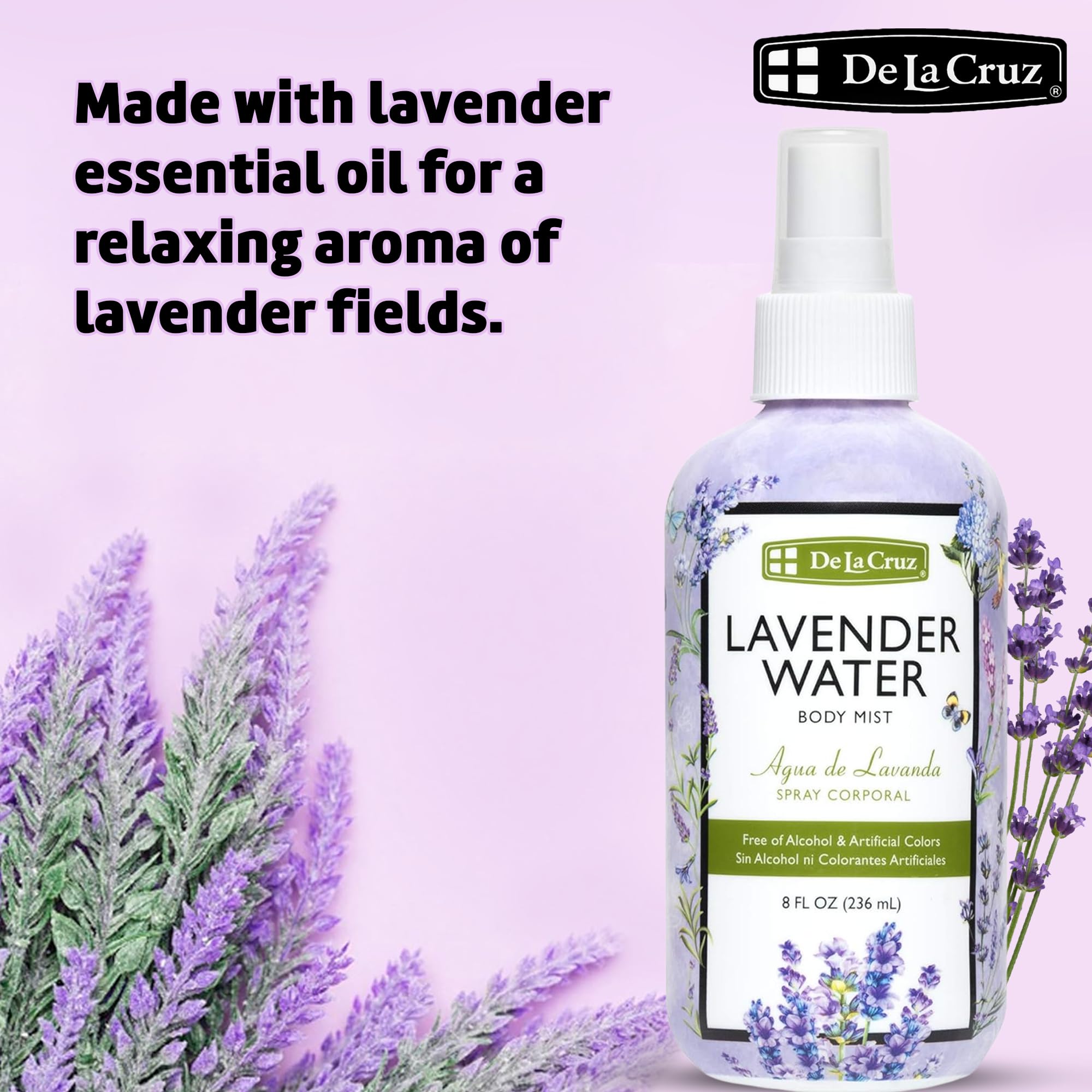 Dormitorio con De La Cruz Lavender Water para relajación nocturna.