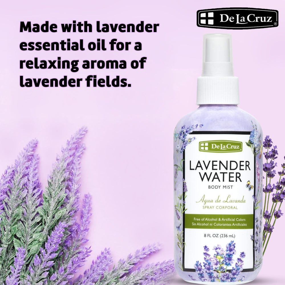 Dormitorio con De La Cruz Lavender Water para relajación nocturna.