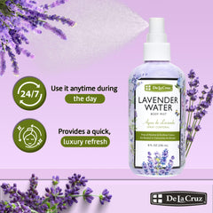 Etiqueta de De La Cruz Lavender Water con detalle natural y elegante.