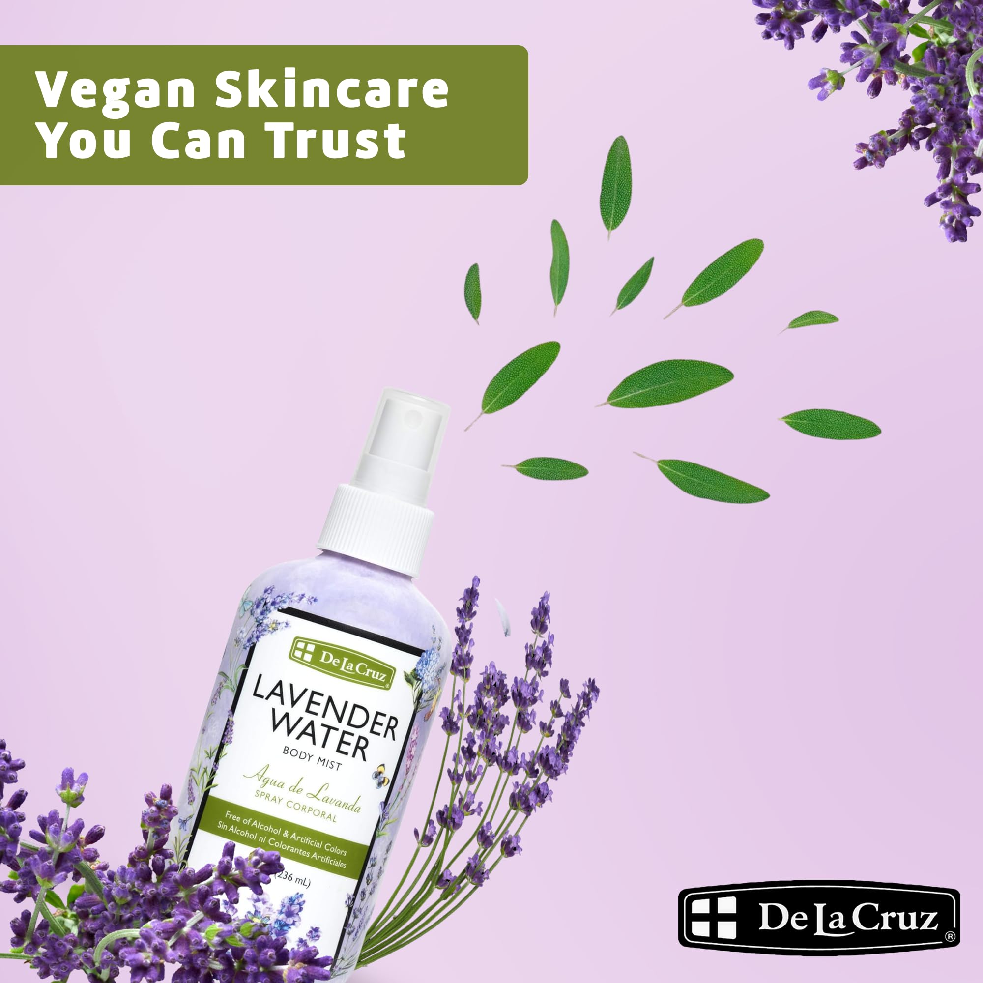 Ropa de cama rociada con De La Cruz Lavender Water para aroma relajante.