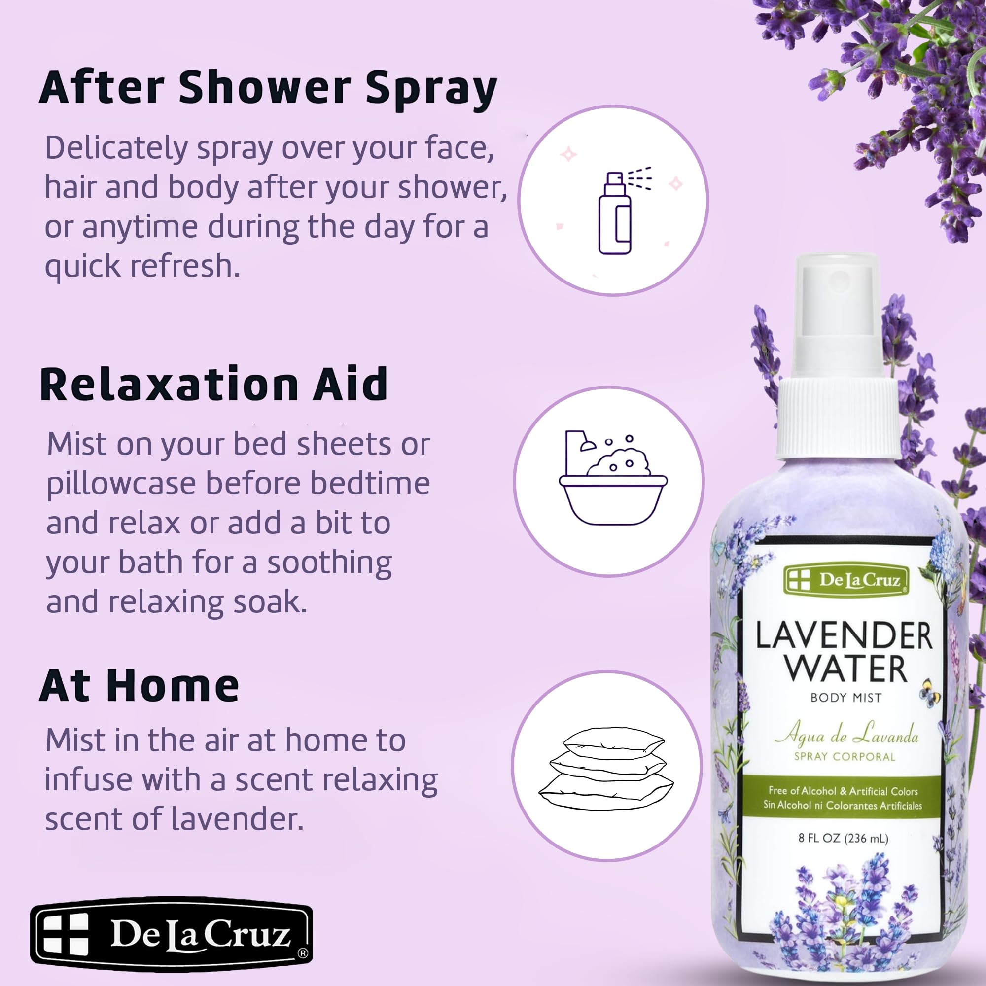 Rociando en aire con De La Cruz Lavender Water para refrescar el ambiente.