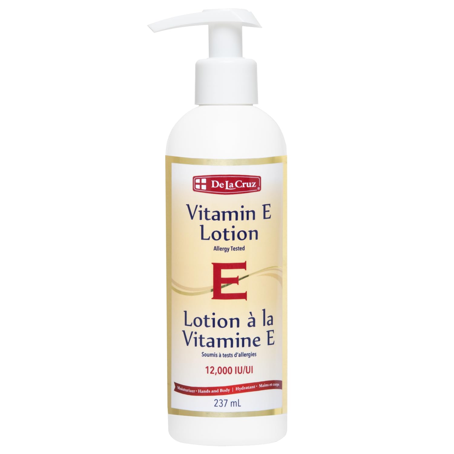 De La Cruz Vitamin E Lotion, botella frontal, piel suave e hidratada