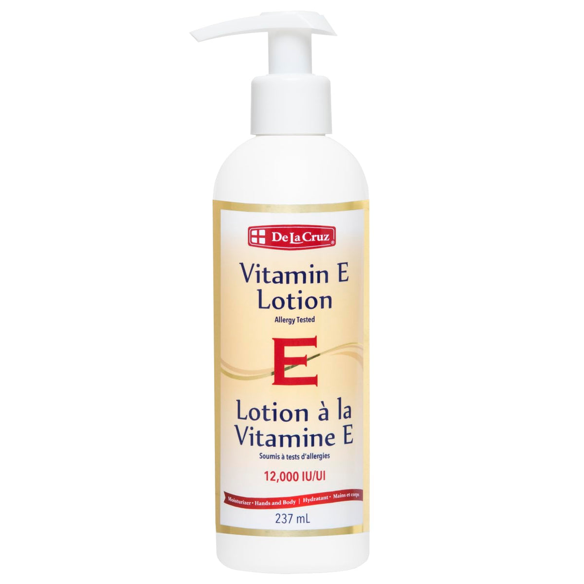 De La Cruz Vitamin E Lotion, botella frontal, piel suave e hidratada