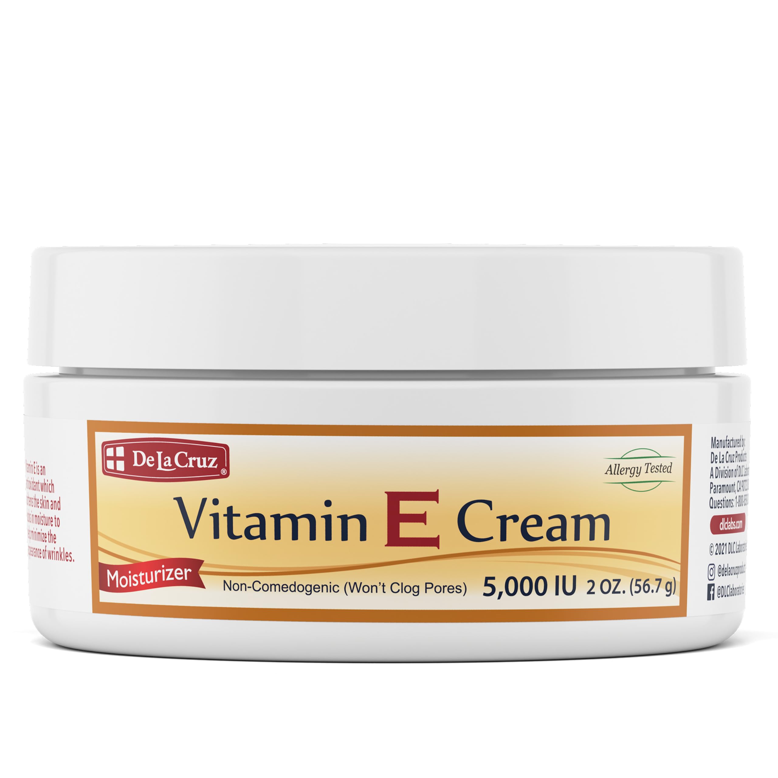 De La Cruz Vitamina E Crema, bote frontal, hidratación suave para piel seca.