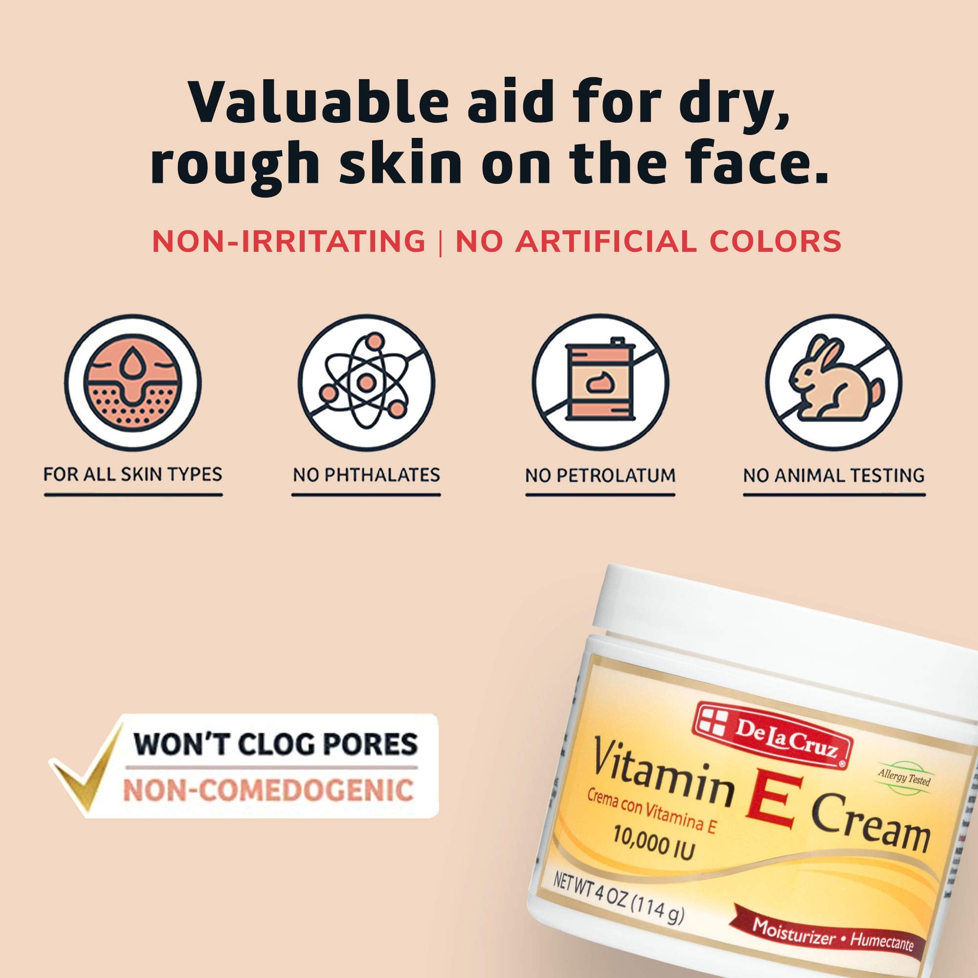 De La Cruz Vitamina E Crema, uso diario, cuidado facial y de cuello.