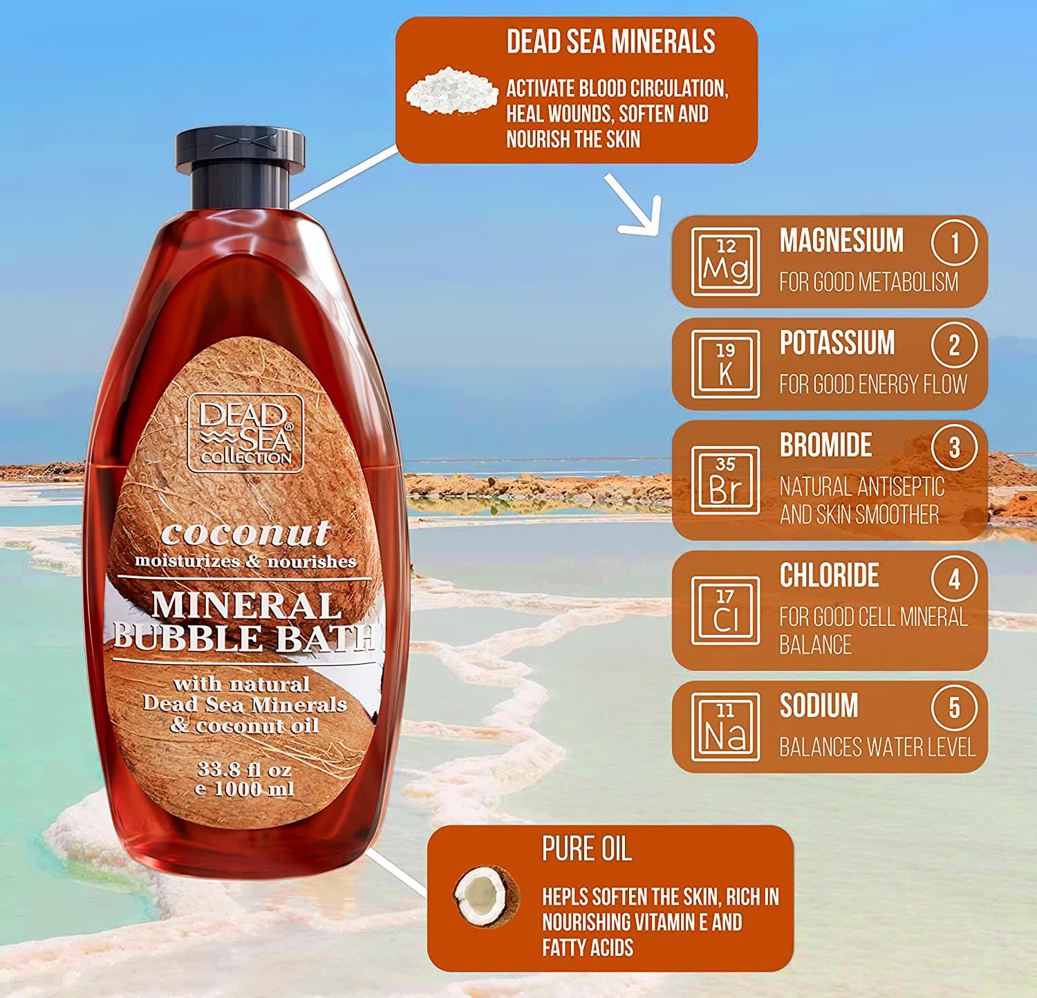 Aceite de coco de Dead Sea Collection para hidratar la piel durante el baño.