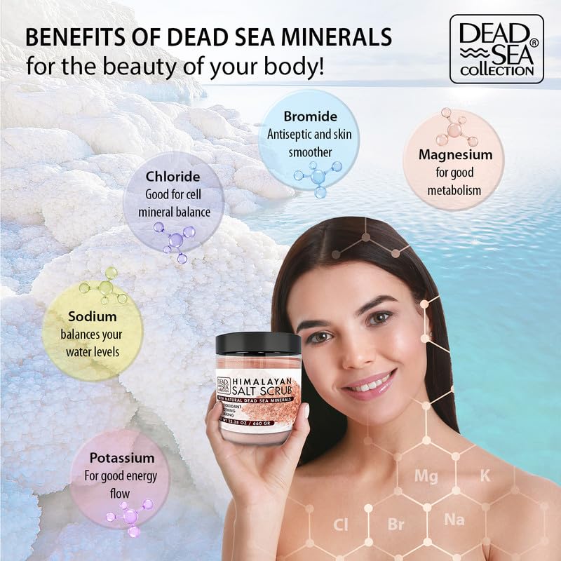 Dead Sea Collection exfoliante sal Himalaya, frasco aroma a eucalipto que perdura.