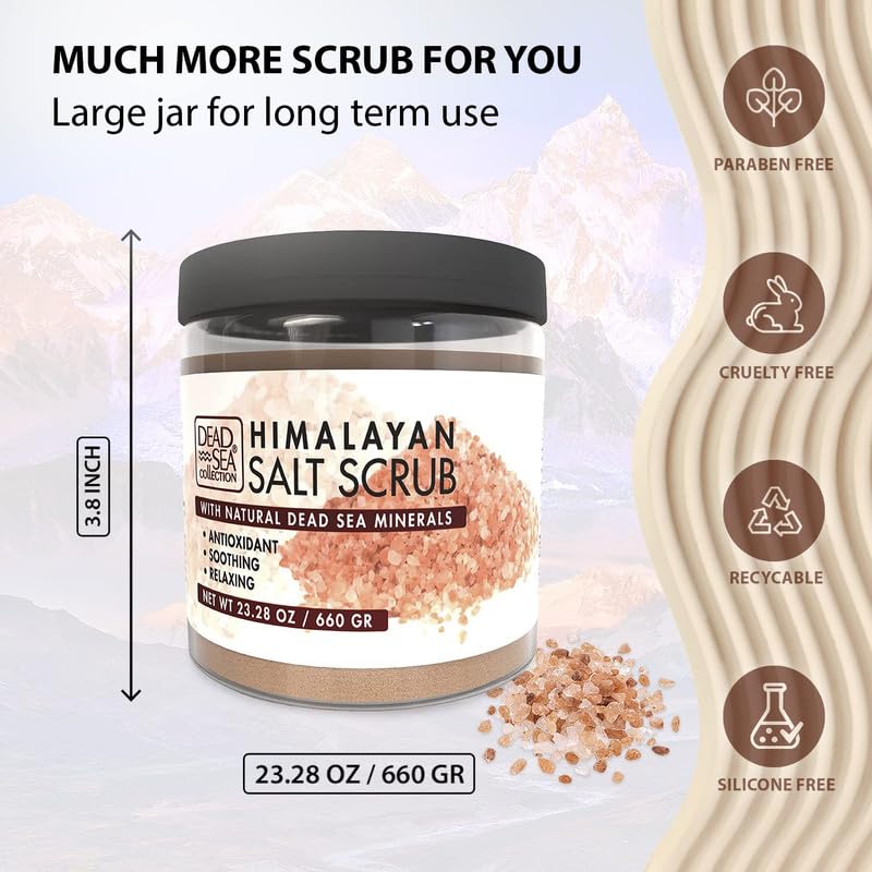 Dead Sea Collection exfoliante sal Himalaya, frasco con textura cremosa y aceites nutritivos.