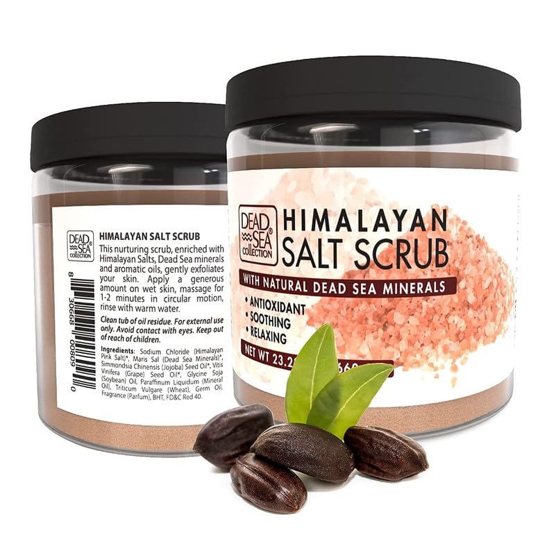 Dead Sea Collection exfoliante sal Himalaya, frasco que deja piel suave e hidratada.