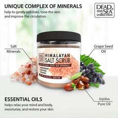 Dead Sea Collection exfoliante sal Himalaya, frasco con textura cremosa para piel suave.