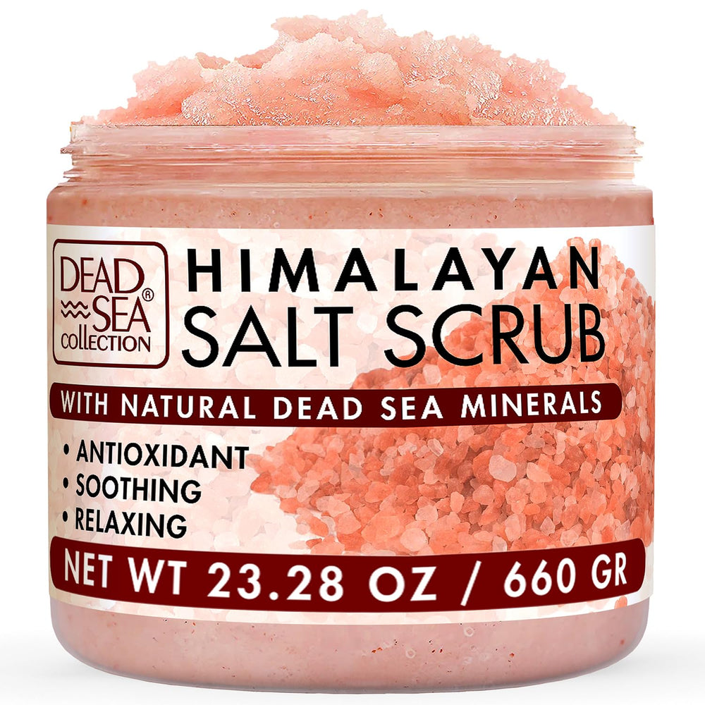 Dead Sea Collection exfoliante sal Himalaya, frasco mostrando textura suave para exfoliar.