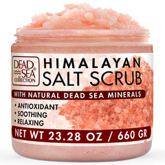 Dead Sea Collection exfoliante sal Himalaya, frasco mostrando textura suave para exfoliar.