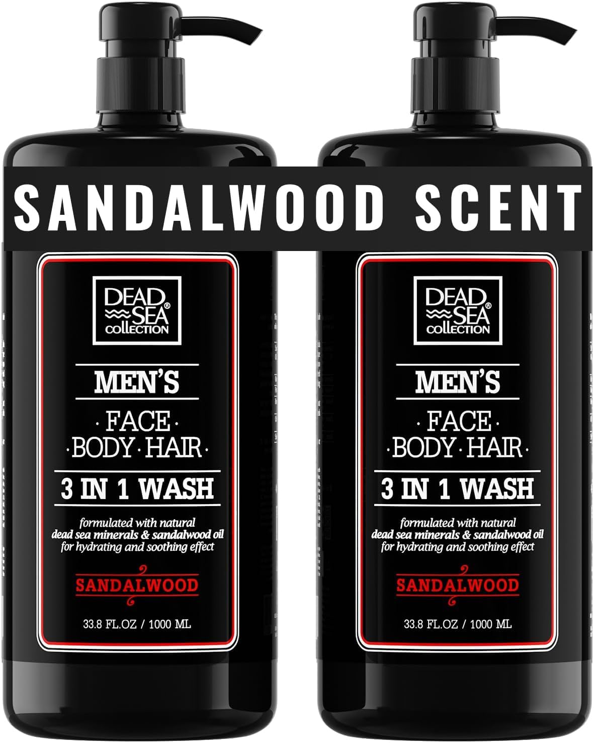 Dead Sea Collection gel de ducha para hombre, caja con dos botellas y fragancia a sándalo.