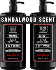 Dead Sea Collection gel de ducha para hombre, caja con dos botellas y fragancia a sándalo.