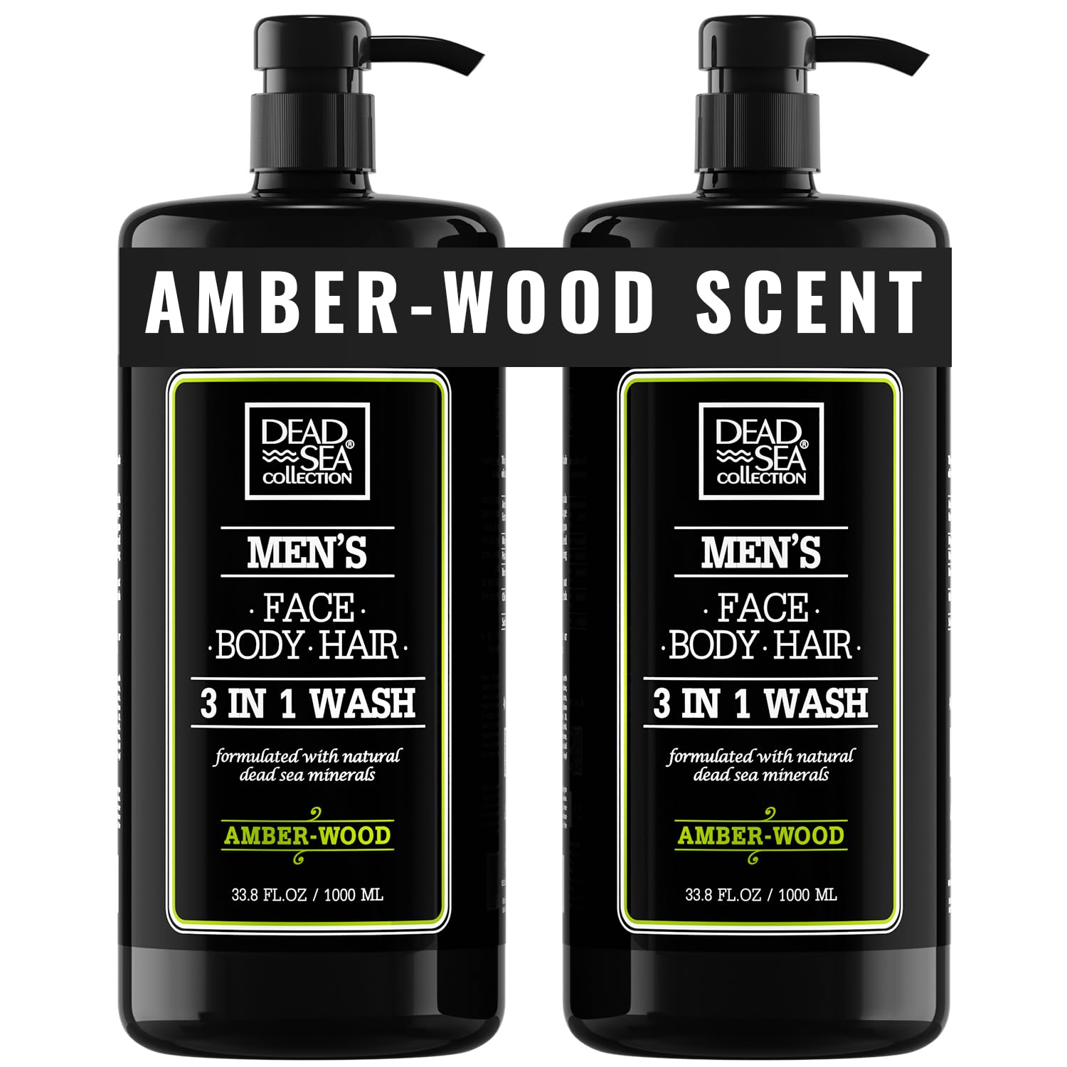 Dead Sea Collection gel ducha Amber Wood en botella, aroma intenso y limpieza suave para piel.