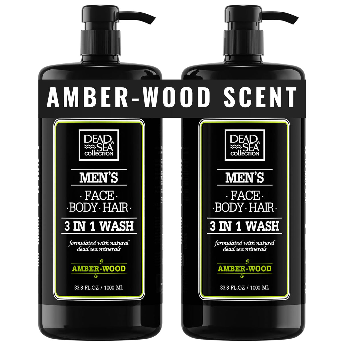 Dead Sea Collection gel ducha Amber Wood en botella, aroma intenso y limpieza suave para piel.