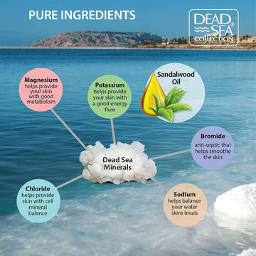 Dead Sea Collection: granulos de sal en textura fina para baño relajante.