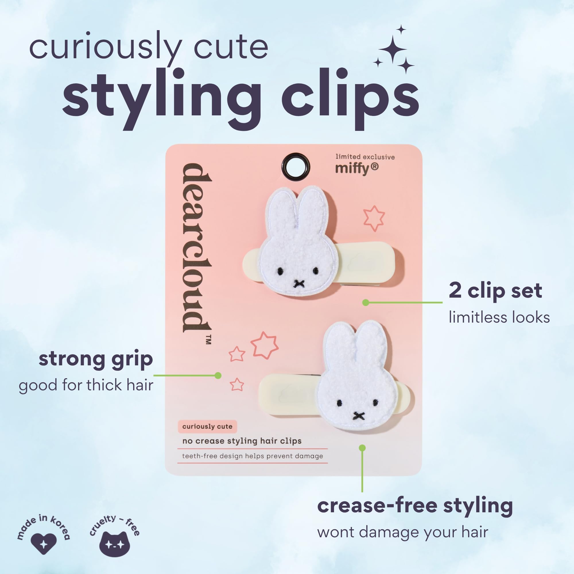 Pinzas peluche Miffy de dearcloud con ajuste seguro para todo tipo de cabello.