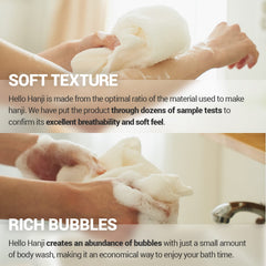 Esponja de ducha DEARCUS Hello Hanji genera abundantes burbujas con poco gel.