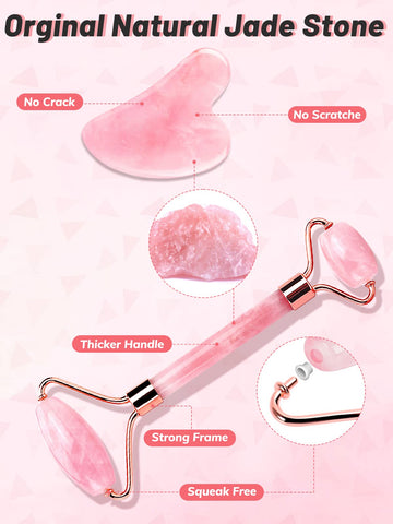 Deciniee gua sha de cuarzo rosa en acción, alivia la tensión facial.