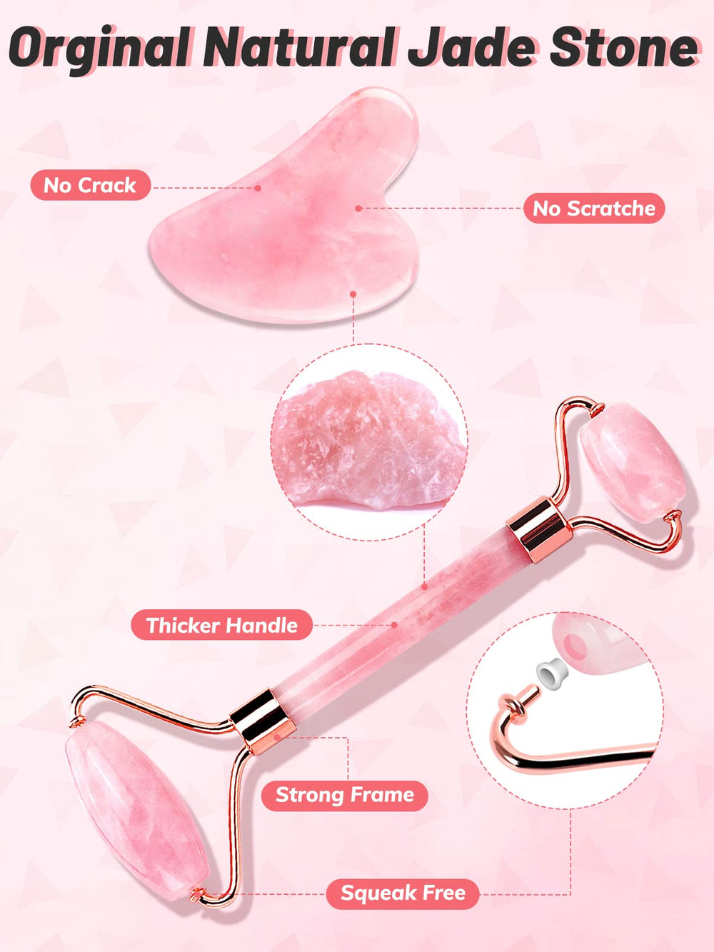 Deciniee gua sha de cuarzo rosa en acción, alivia la tensión facial.