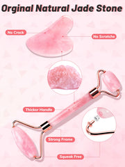 Deciniee gua sha de cuarzo rosa en acción, alivia la tensión facial.