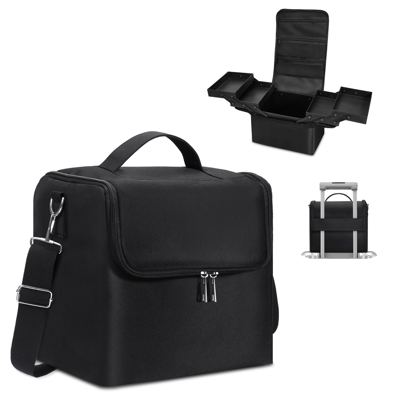 Maleta de maquillaje Deciniee para viaje, capacidad amplia y diseño negro elegante.